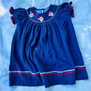 Lil Cactus Smocked Blue Dress with Santa Embroidery and Ric Rac EUC